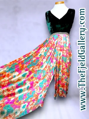 1960’s Vintage Green Velvet & Rainbow Floral Palazzo Pant Jumpsuit