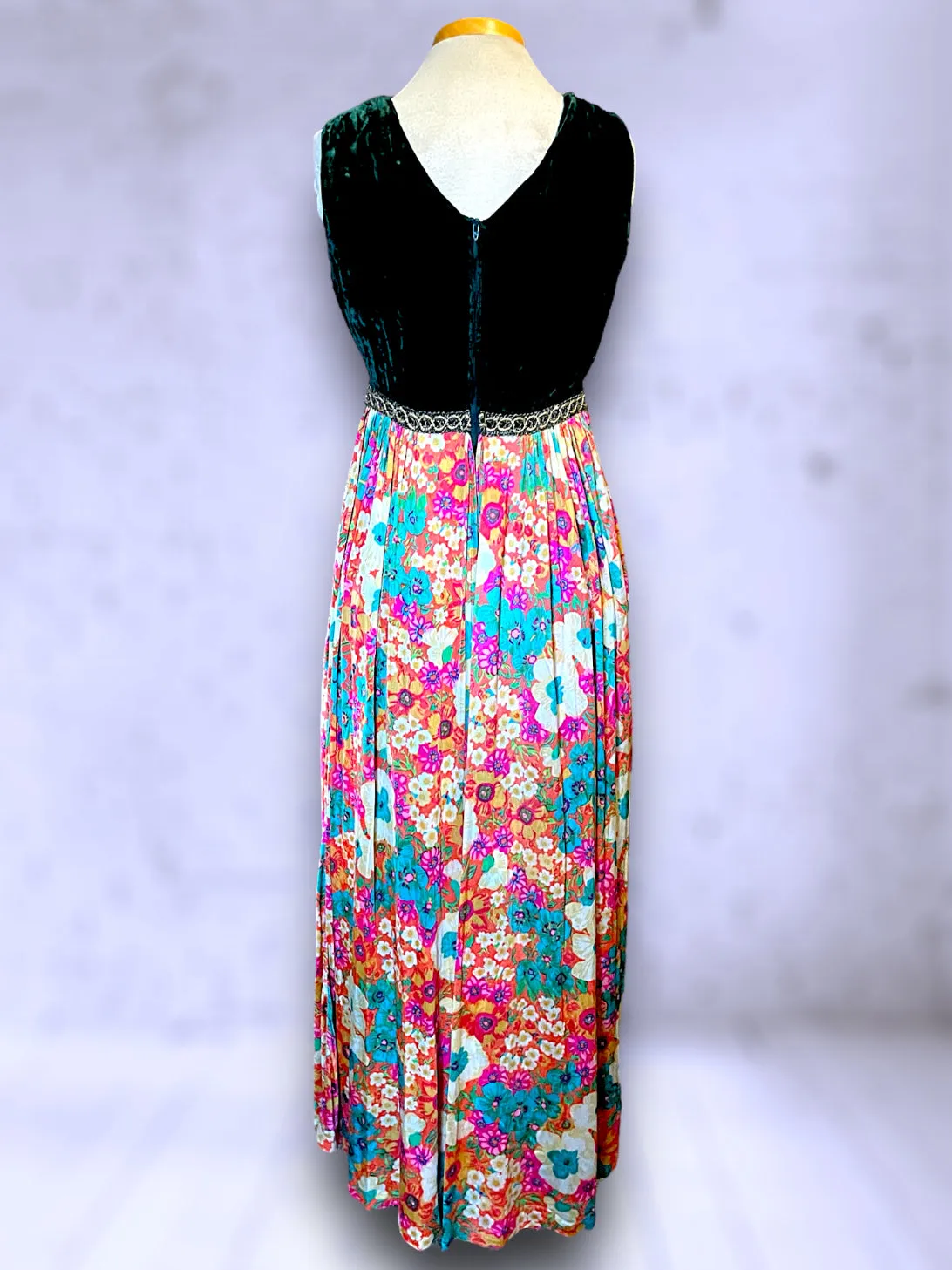 1960’s Vintage Green Velvet & Rainbow Floral Palazzo Pant Jumpsuit