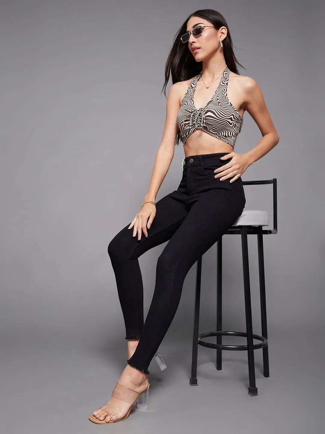 24/7 Comfort Black Cotton Skinny Fit Cropped High Rise Stretchable Denim Jeans