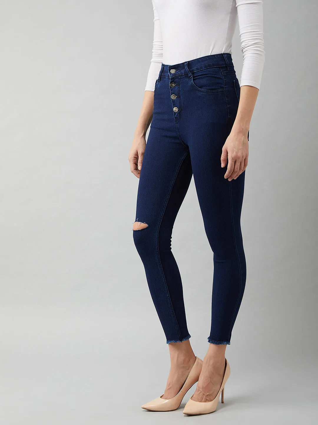 24/7 Comfort Navy Blue Cotton Skinny Fit Cropped High Rise Stretchable Denim Jeans