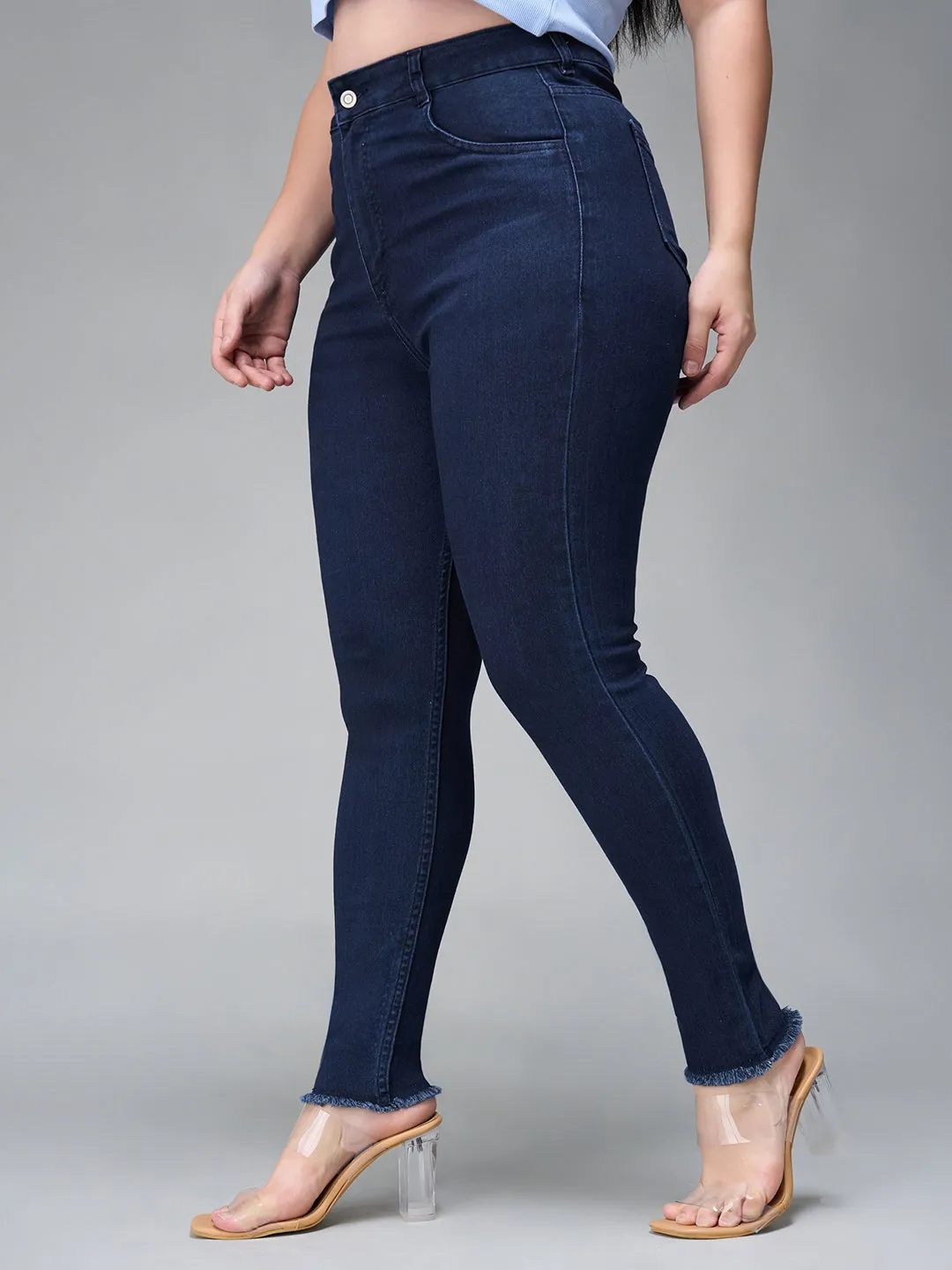 24/7 Comfort Navy Blue Skinny High Rise Cropped Fringed Hemline Stretchable Denim Jeans