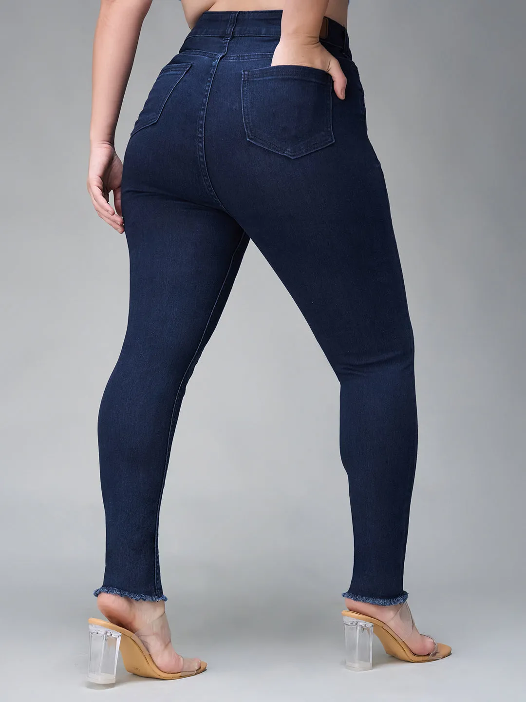 24/7 Comfort Navy Blue Skinny High Rise Cropped Fringed Hemline Stretchable Denim Jeans