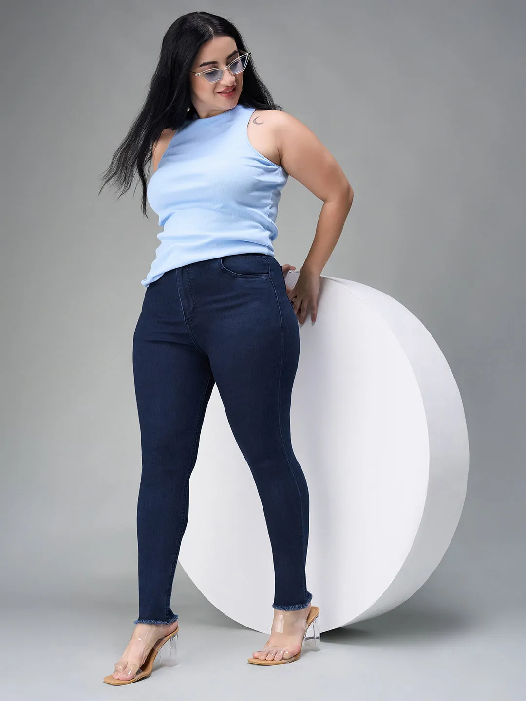 24/7 Comfort Navy Blue Skinny High Rise Cropped Fringed Hemline Stretchable Denim Jeans
