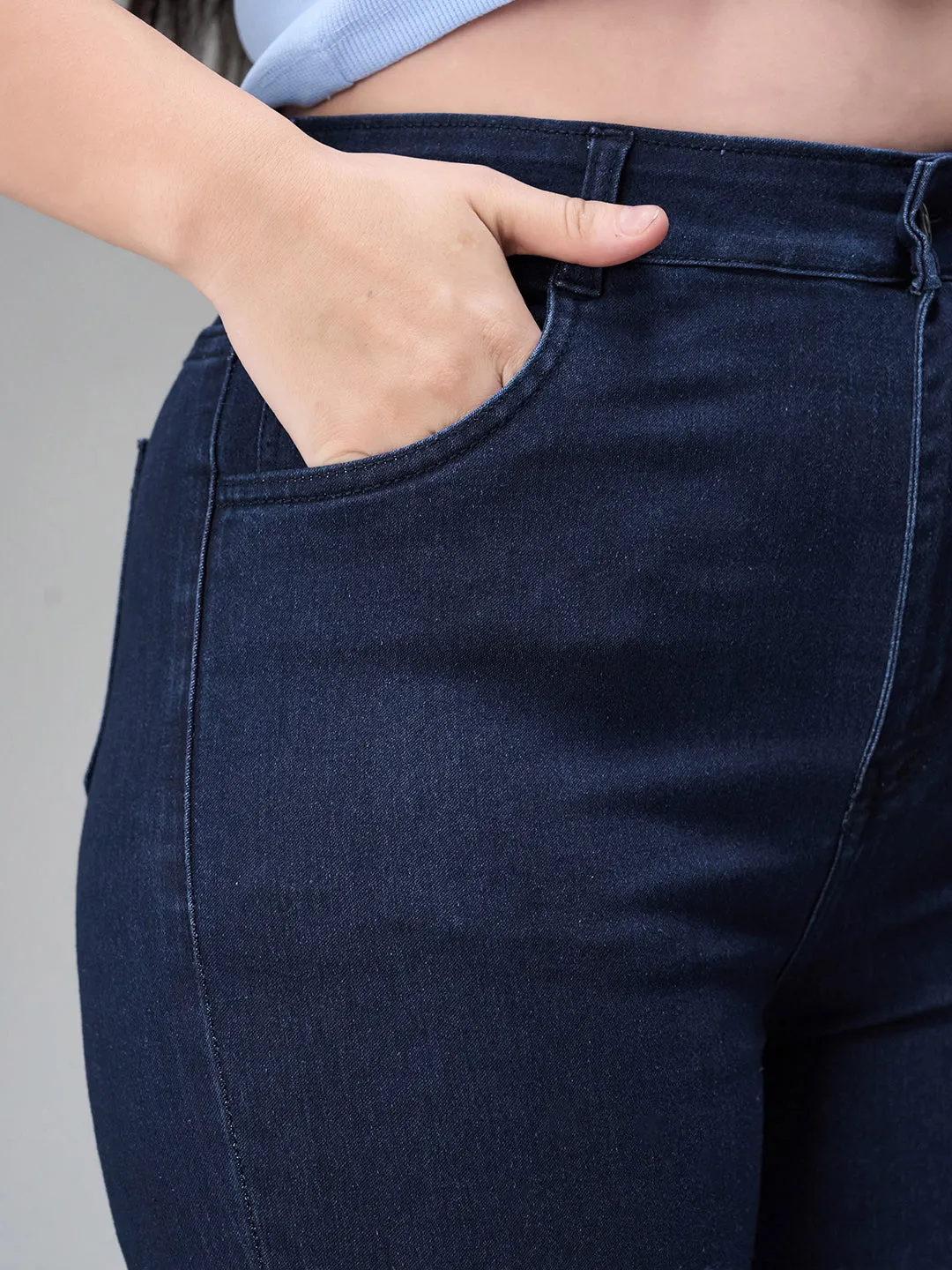 24/7 Comfort Navy Blue Skinny High Rise Cropped Fringed Hemline Stretchable Denim Jeans