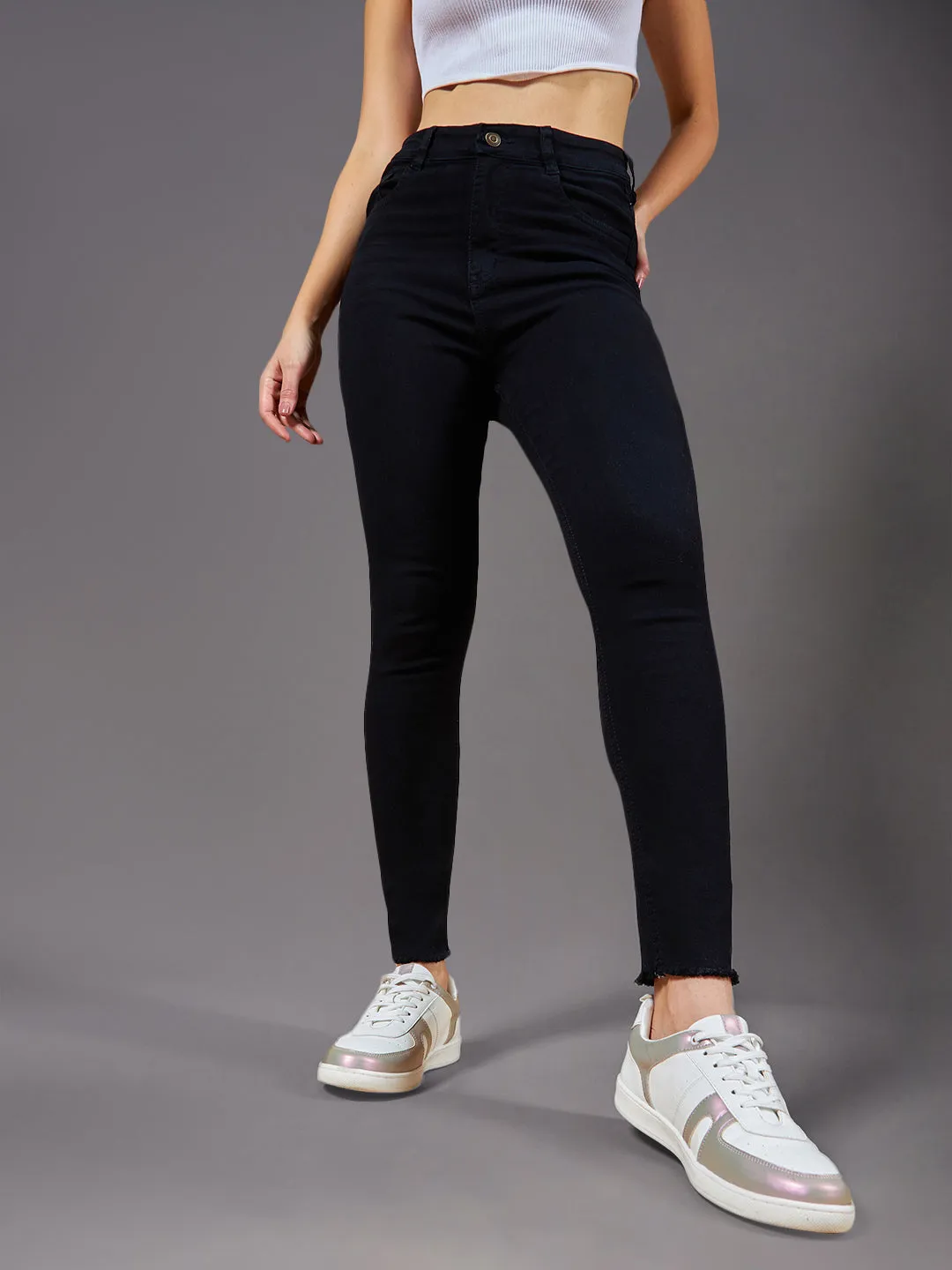 24/7 Comfort Women's Black Skinny Fringed Detail High Rise Cropped Stretchable Denim Jeans