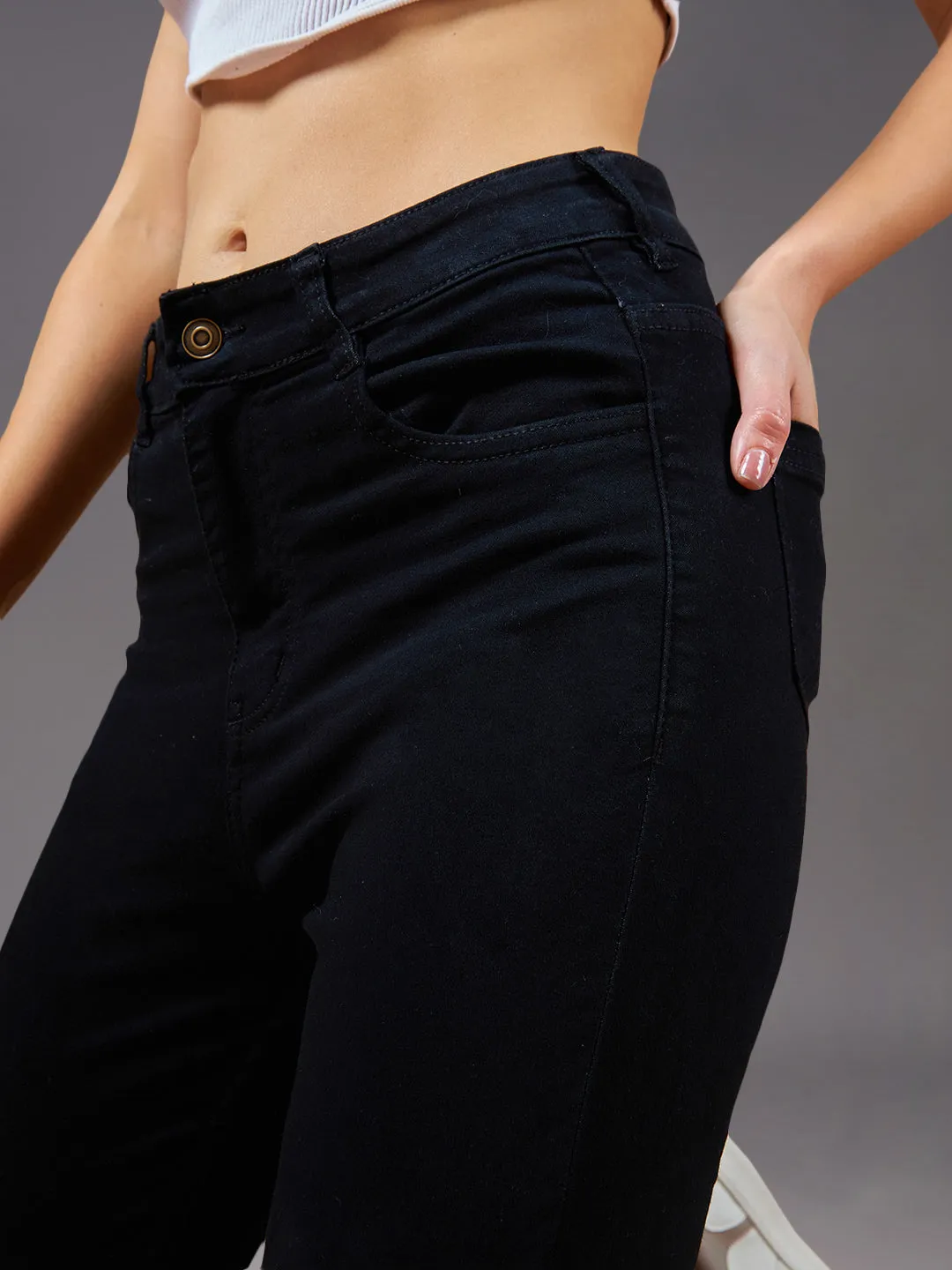 24/7 Comfort Women's Black Skinny Fringed Detail High Rise Cropped Stretchable Denim Jeans