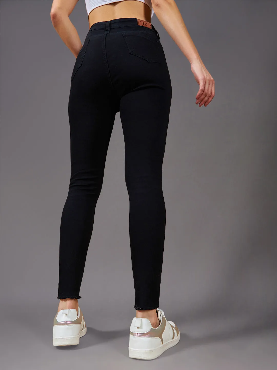 24/7 Comfort Women's Black Skinny Fringed Detail High Rise Cropped Stretchable Denim Jeans