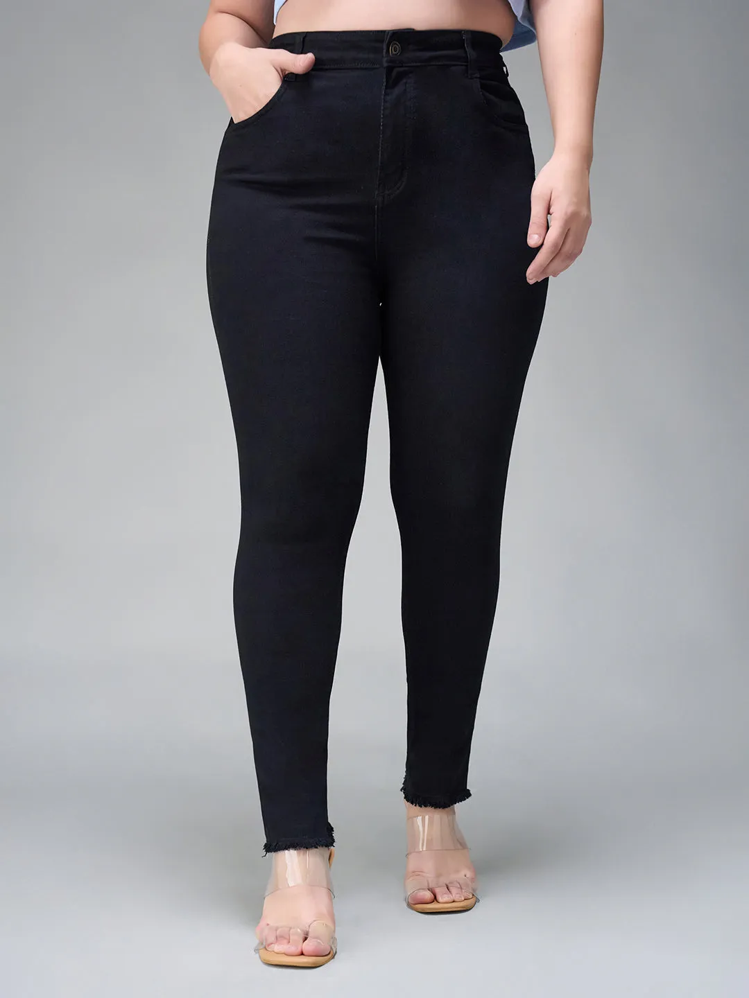 24/7 comfort Women's Black Skinny Fringed Detailing High Rise Solid Cropped Stretchable Denim Jeans