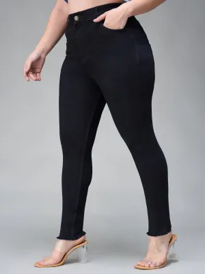 24/7 comfort Women's Black Skinny Fringed Detailing High Rise Solid Cropped Stretchable Denim Jeans