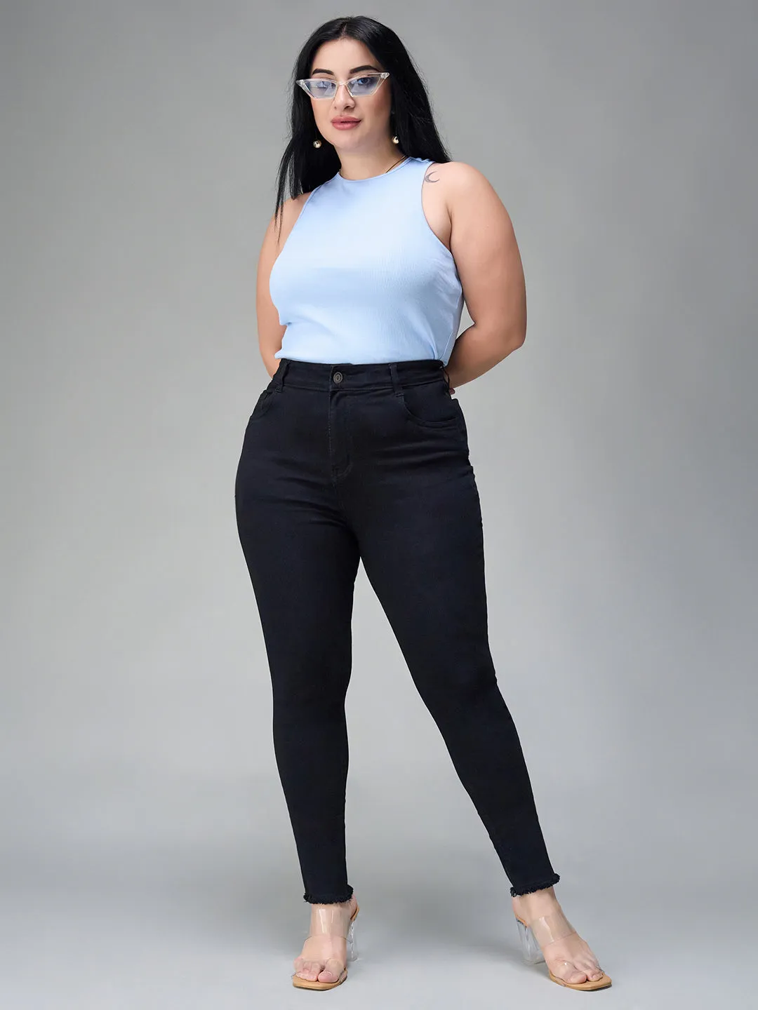 24/7 comfort Women's Black Skinny Fringed Detailing High Rise Solid Cropped Stretchable Denim Jeans