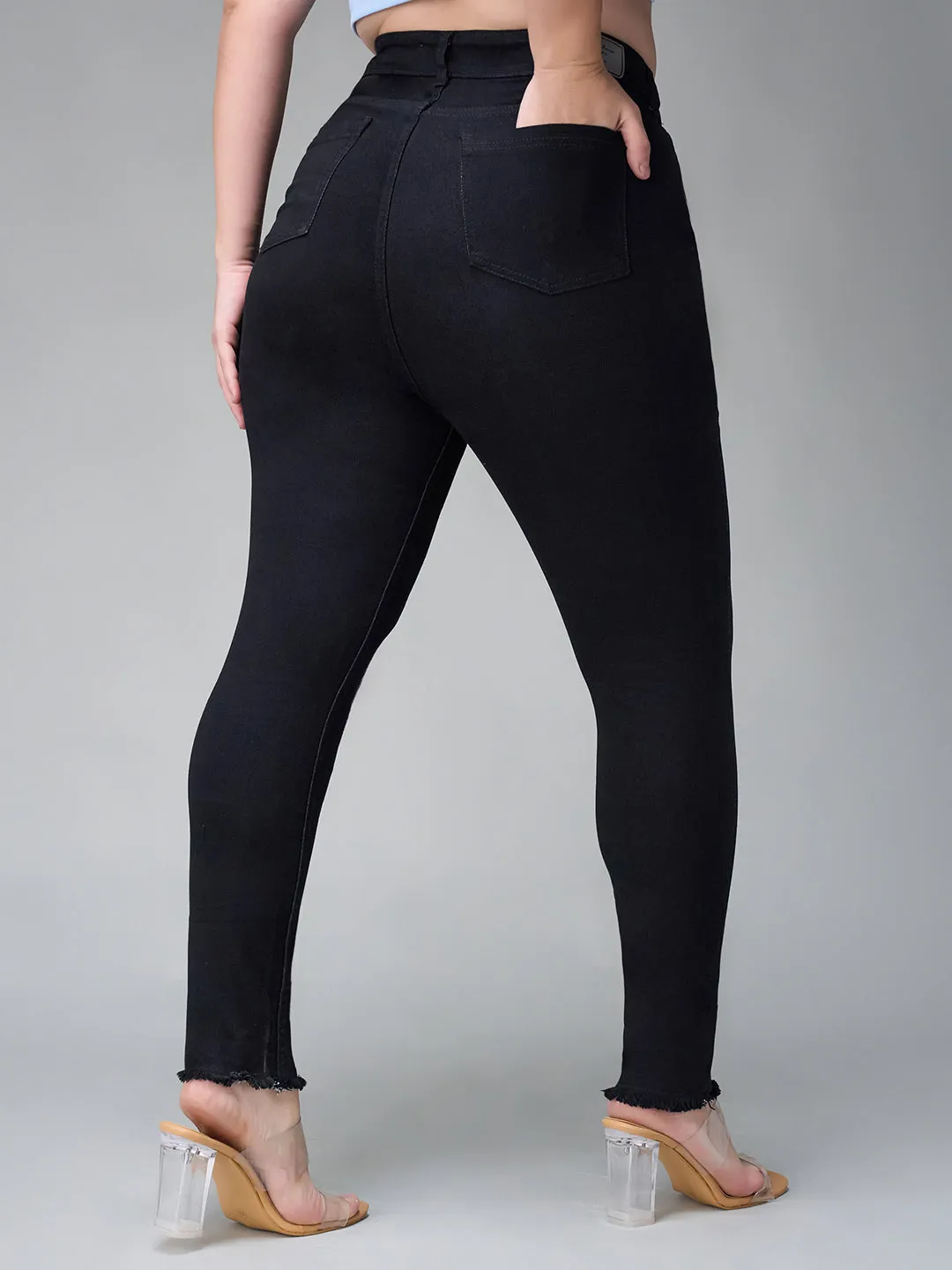 24/7 comfort Women's Black Skinny Fringed Detailing High Rise Solid Cropped Stretchable Denim Jeans