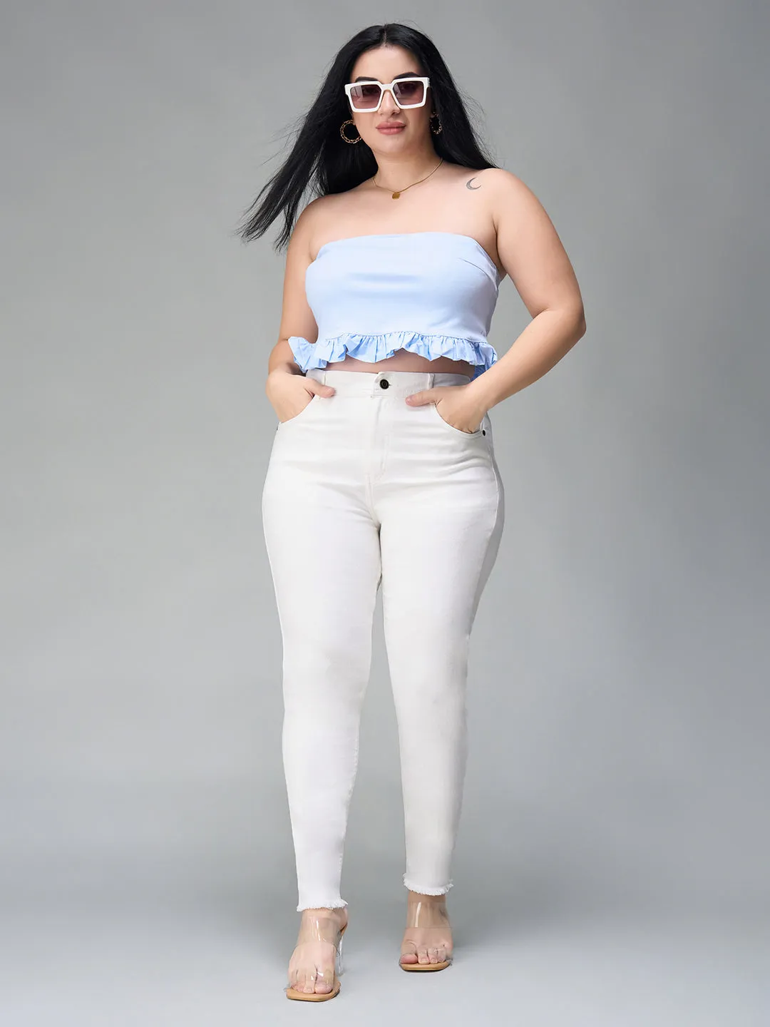 24/7 comfort Women's White Skinny High Rise Bleached Cropped Stretchable Denim Jeans