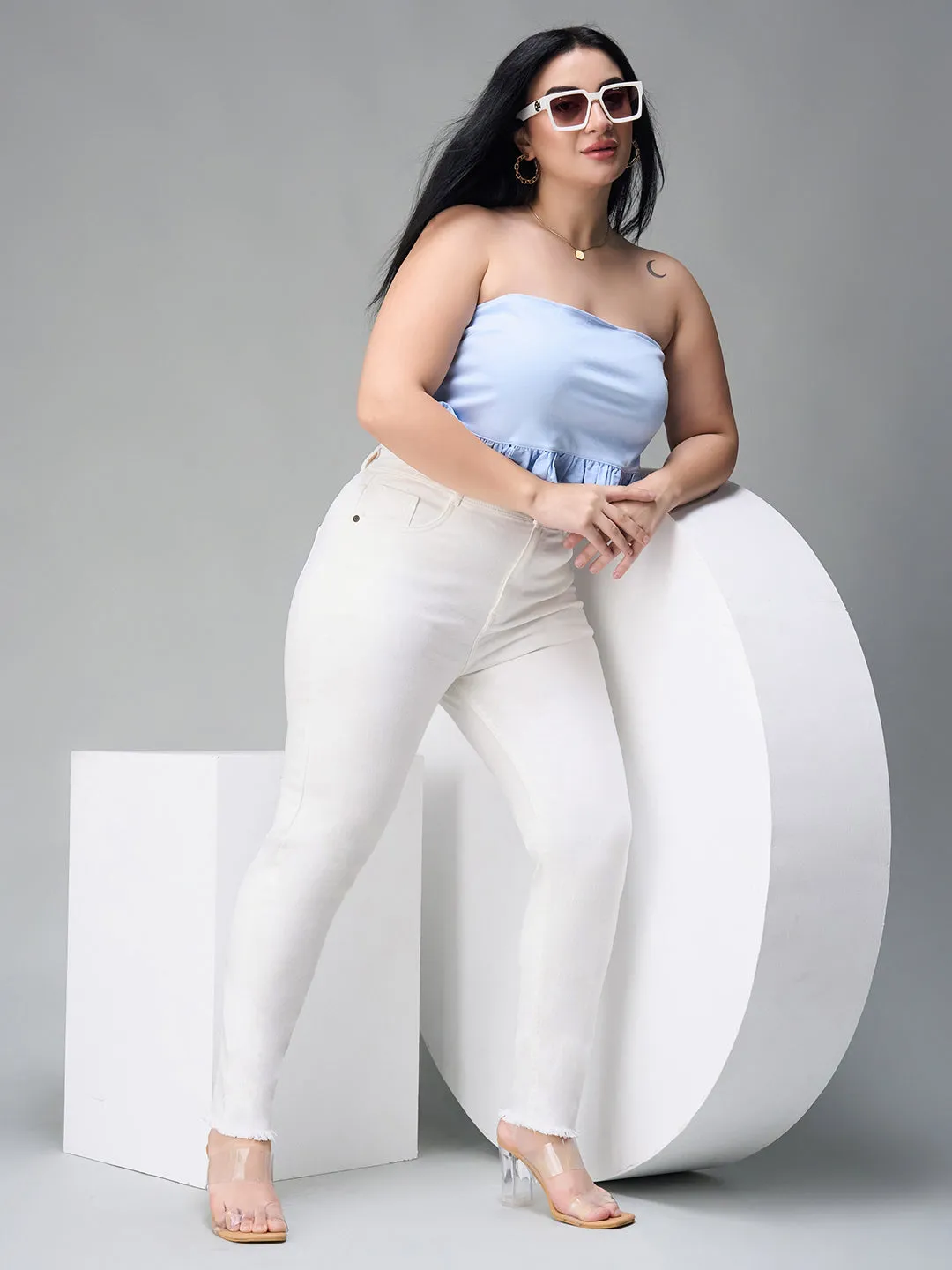 24/7 comfort Women's White Skinny High Rise Bleached Cropped Stretchable Denim Jeans