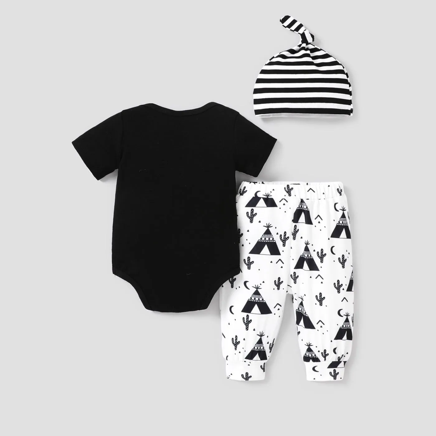 3pcs Baby Boy Letter Graphic Short-sleeve Romper and Allover Cactus Print Pants & Striped Hat Set