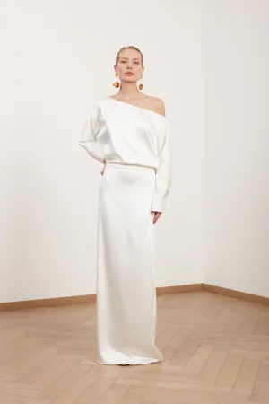 AGALIA soft satin off-the-shoulder maxi wedding dress with open shoulder