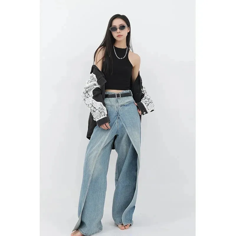 Aiertu Women Blue Jeans Y2k Vintage High Waist Baggy Cowboy Pants Aesthetic Harajuku Denim Trousers 90s Trashy Emo 2000s Grunge Clothes