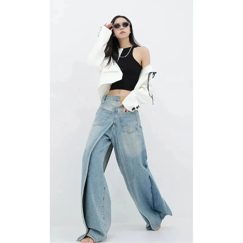 Aiertu Women Blue Jeans Y2k Vintage High Waist Baggy Cowboy Pants Aesthetic Harajuku Denim Trousers 90s Trashy Emo 2000s Grunge Clothes