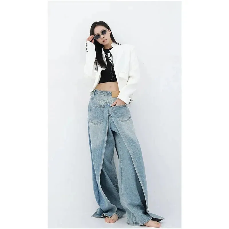 Aiertu Women Blue Jeans Y2k Vintage High Waist Baggy Cowboy Pants Aesthetic Harajuku Denim Trousers 90s Trashy Emo 2000s Grunge Clothes