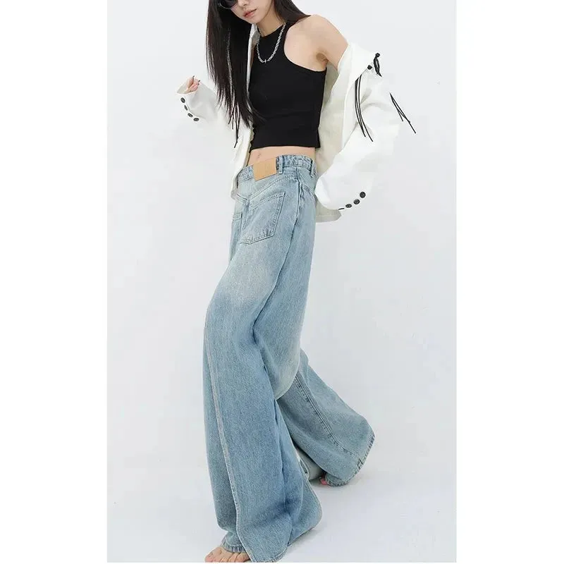 Aiertu Women Blue Jeans Y2k Vintage High Waist Baggy Cowboy Pants Aesthetic Harajuku Denim Trousers 90s Trashy Emo 2000s Grunge Clothes