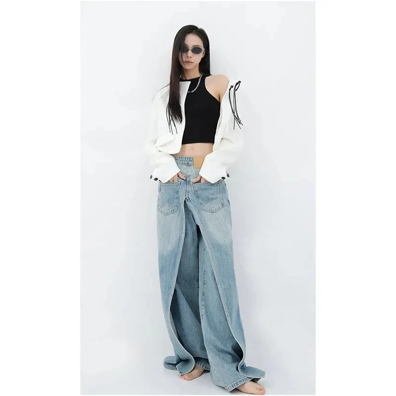 Aiertu Women Blue Jeans Y2k Vintage High Waist Baggy Cowboy Pants Aesthetic Harajuku Denim Trousers 90s Trashy Emo 2000s Grunge Clothes