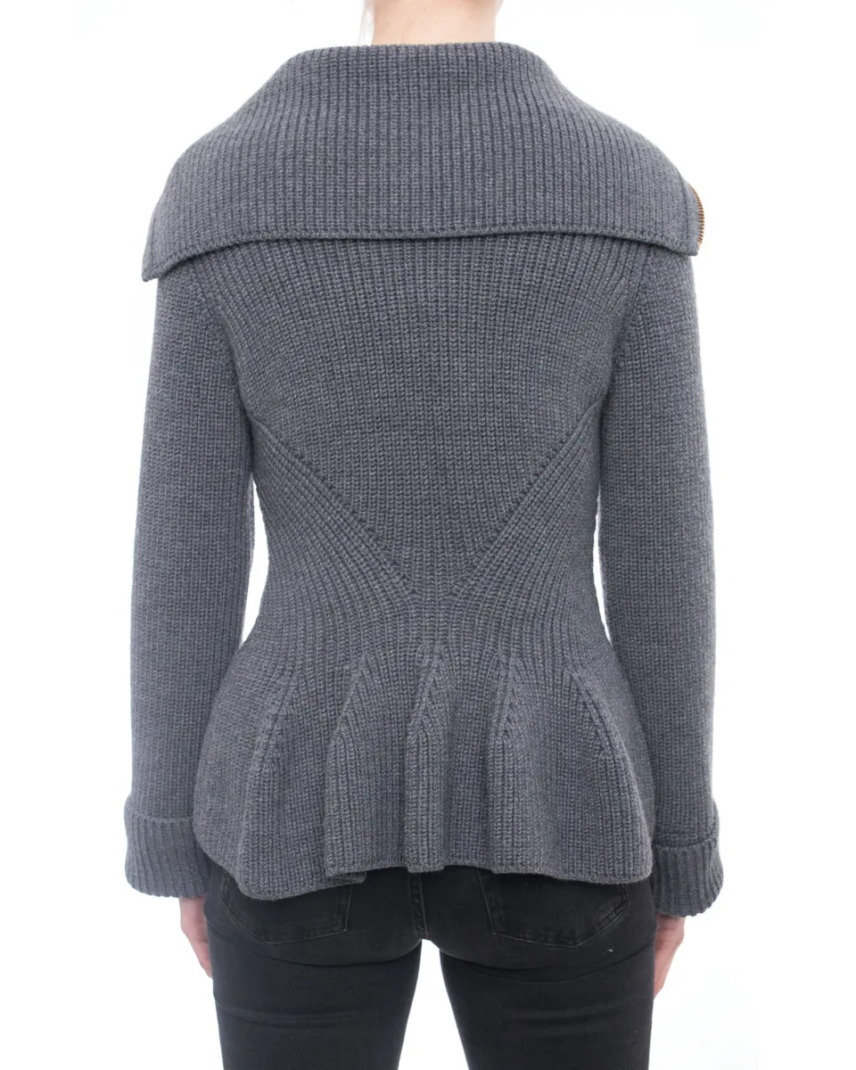 Alexander McQueen Grey Knit Zipper Front Peplum Sweater - M