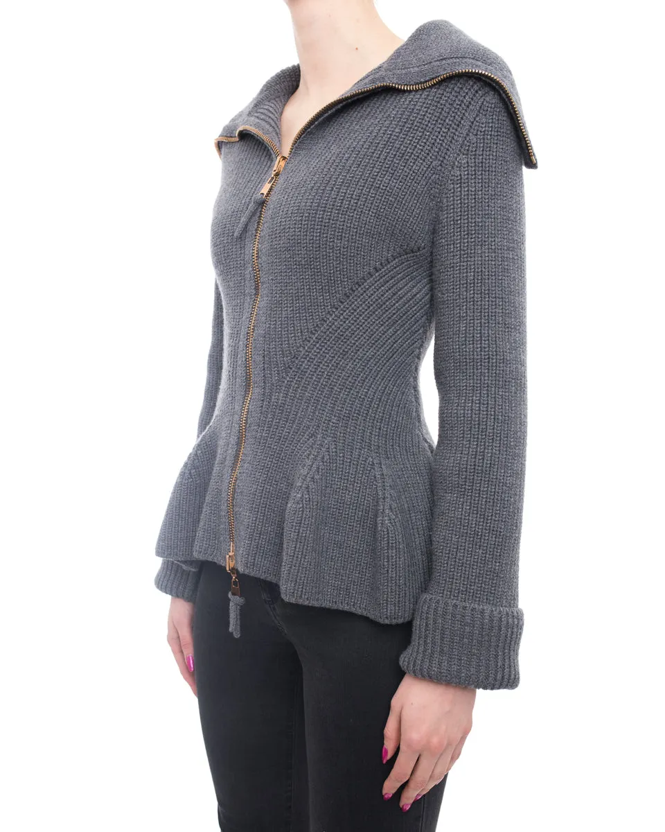 Alexander McQueen Grey Knit Zipper Front Peplum Sweater - M