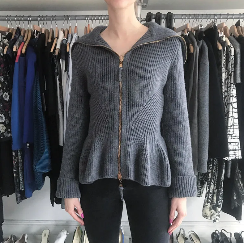 Alexander McQueen Grey Knit Zipper Front Peplum Sweater - M