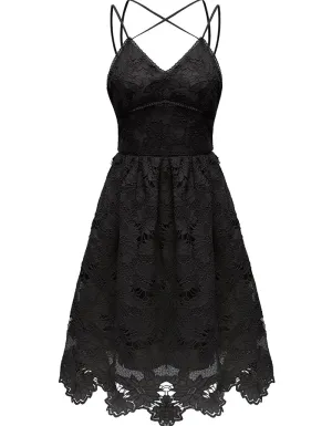 ALLOVIN Women's V Neck Spaghetti Strap Floral Lace Cocktail Dress Sexy Backless Sleeveless A Line Party Dress Black