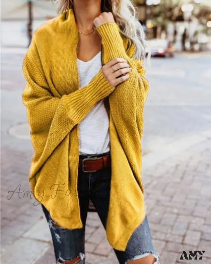 Amy Fashion - Long Knit Pocket Coat Female Casual Bat Sleeve Cardigan