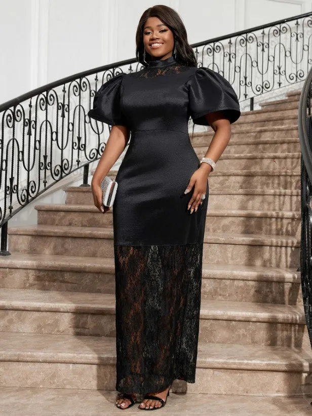 AOMEI Black Lace Patchwork Puff Sleeve Maxi Dress