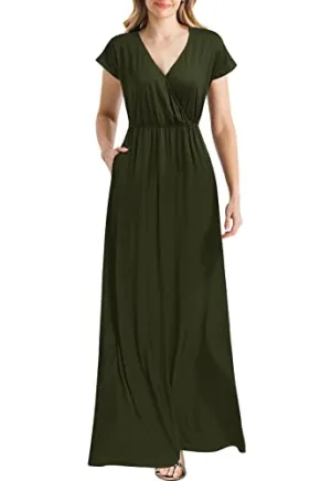 Army Women Cap Sleeve Loose Plain Pockets Maxi Casual Formal Long Dresses - REPHYLLIS