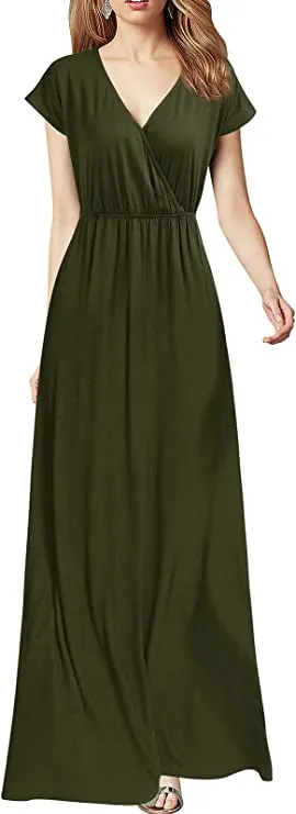 Army Women Cap Sleeve Loose Plain Pockets Maxi Casual Formal Long Dresses - REPHYLLIS