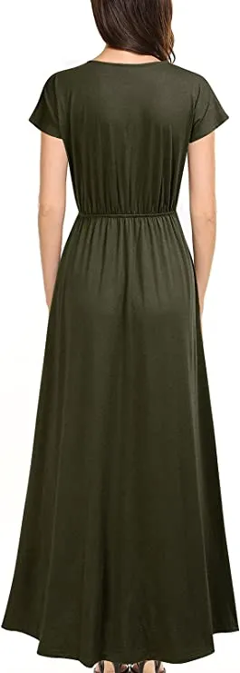 Army Women Cap Sleeve Loose Plain Pockets Maxi Casual Formal Long Dresses - REPHYLLIS