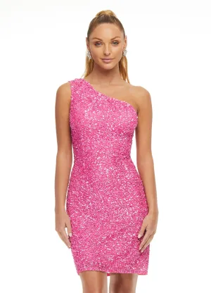 Ashley Lauren 4469 Size 8, 10 Ultra Pink Cocktail Dress One Shoulder Asymmetrical Lace Up Back