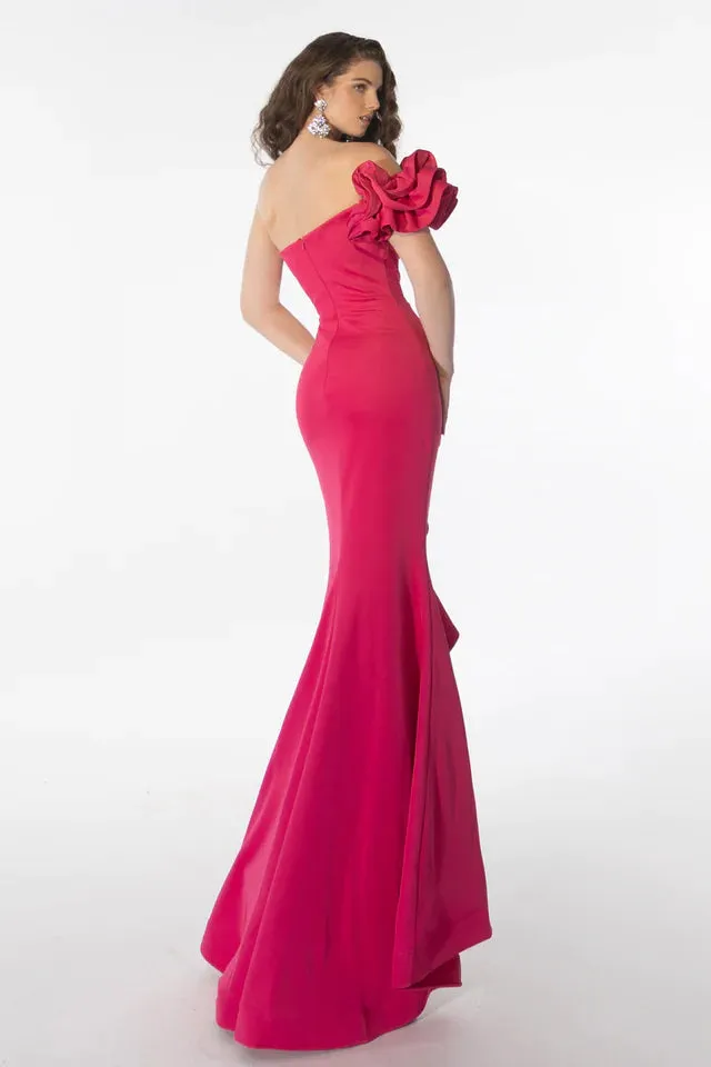 Ava Presley 39265 Long Prom Dress Fitted Mermaid Strapless One Shoulder Bow High Ruffle Slit Formal Pageant Gown