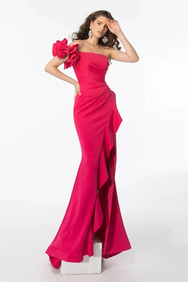 Ava Presley 39265 Long Prom Dress Fitted Mermaid Strapless One Shoulder Bow High Ruffle Slit Formal Pageant Gown