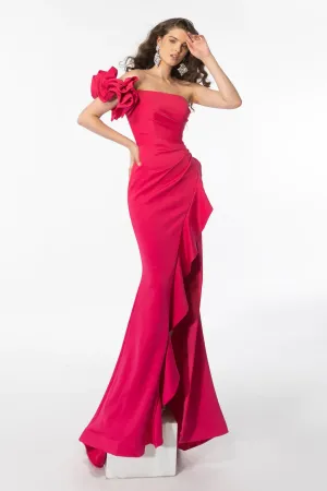 Ava Presley 39265 Long Prom Dress Fitted Mermaid Strapless One Shoulder Bow High Ruffle Slit Formal Pageant Gown