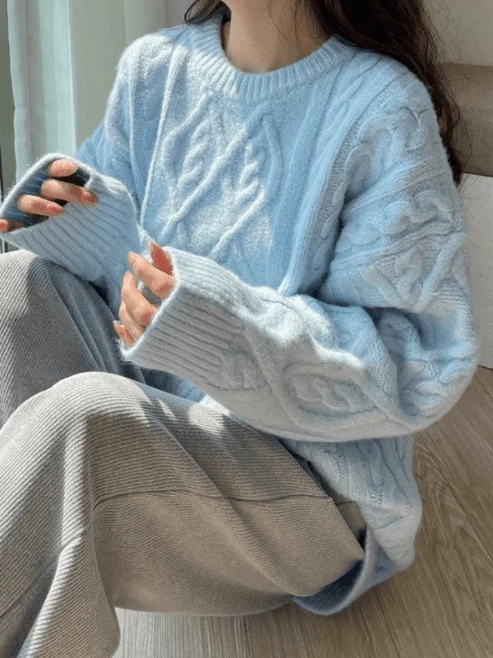 Back To School Sonicelife Crew Neck Cable Knit Pullover Sweater
