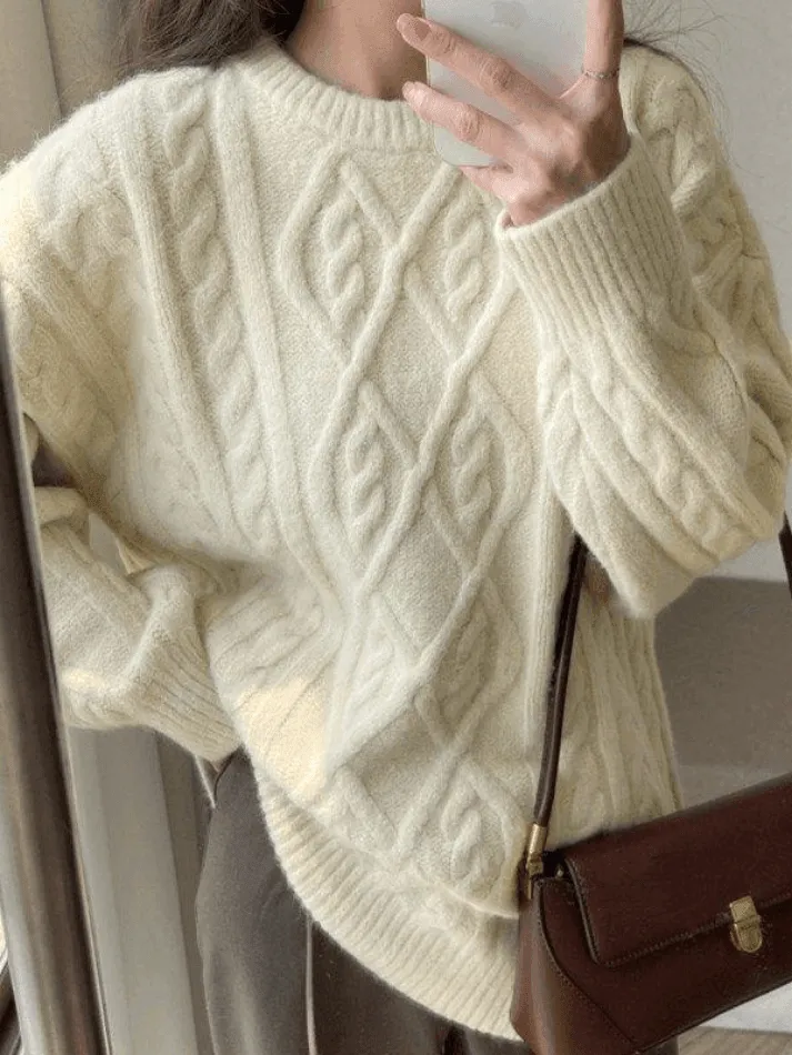Back To School Sonicelife Crew Neck Cable Knit Pullover Sweater