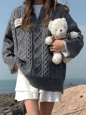 Back To School Sonicelife Oversized V Neck Cable Knit Sweater
