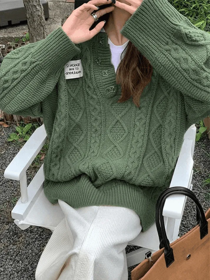Back To School Sonicelife Oversized V Neck Cable Knit Sweater