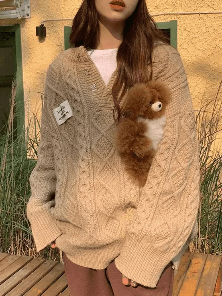 Back To School Sonicelife Oversized V Neck Cable Knit Sweater