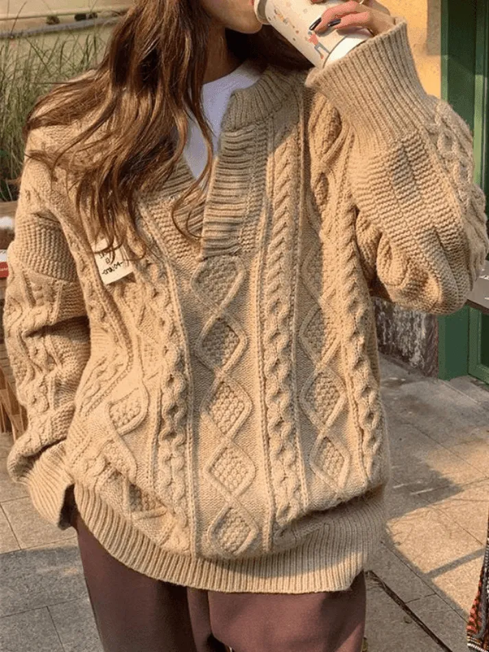 Back To School Sonicelife Oversized V Neck Cable Knit Sweater