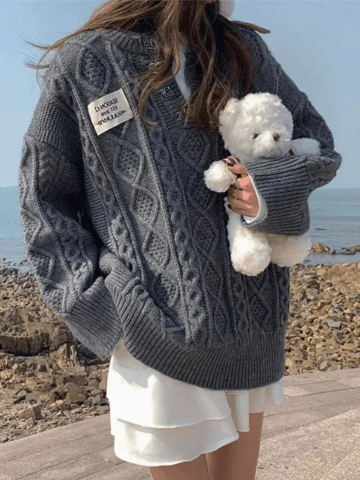 Back To School Sonicelife Oversized V Neck Cable Knit Sweater