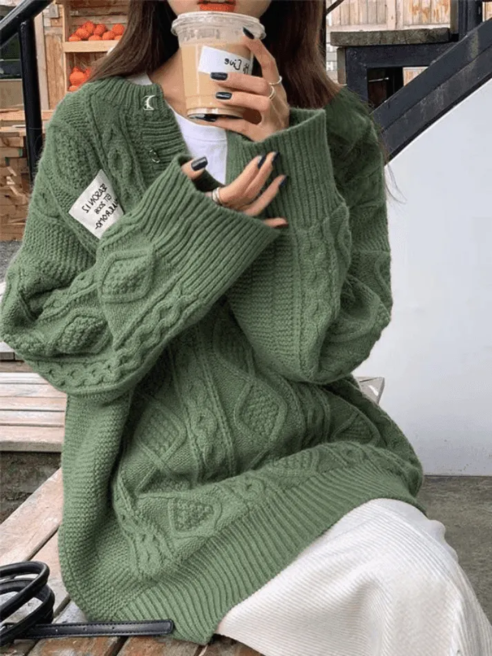 Back To School Sonicelife Oversized V Neck Cable Knit Sweater