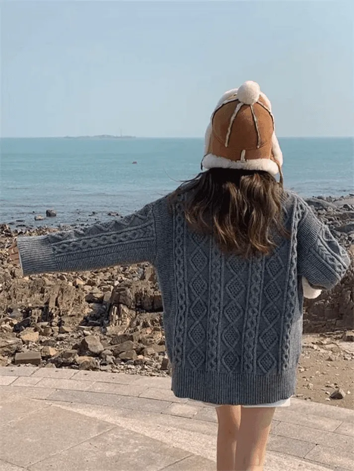 Back To School Sonicelife Oversized V Neck Cable Knit Sweater