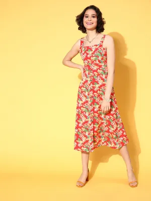 Berrylush Women Coral & Green Floral Printed Square Neck Tie-Up Back Flared A-Line Midi Dress
