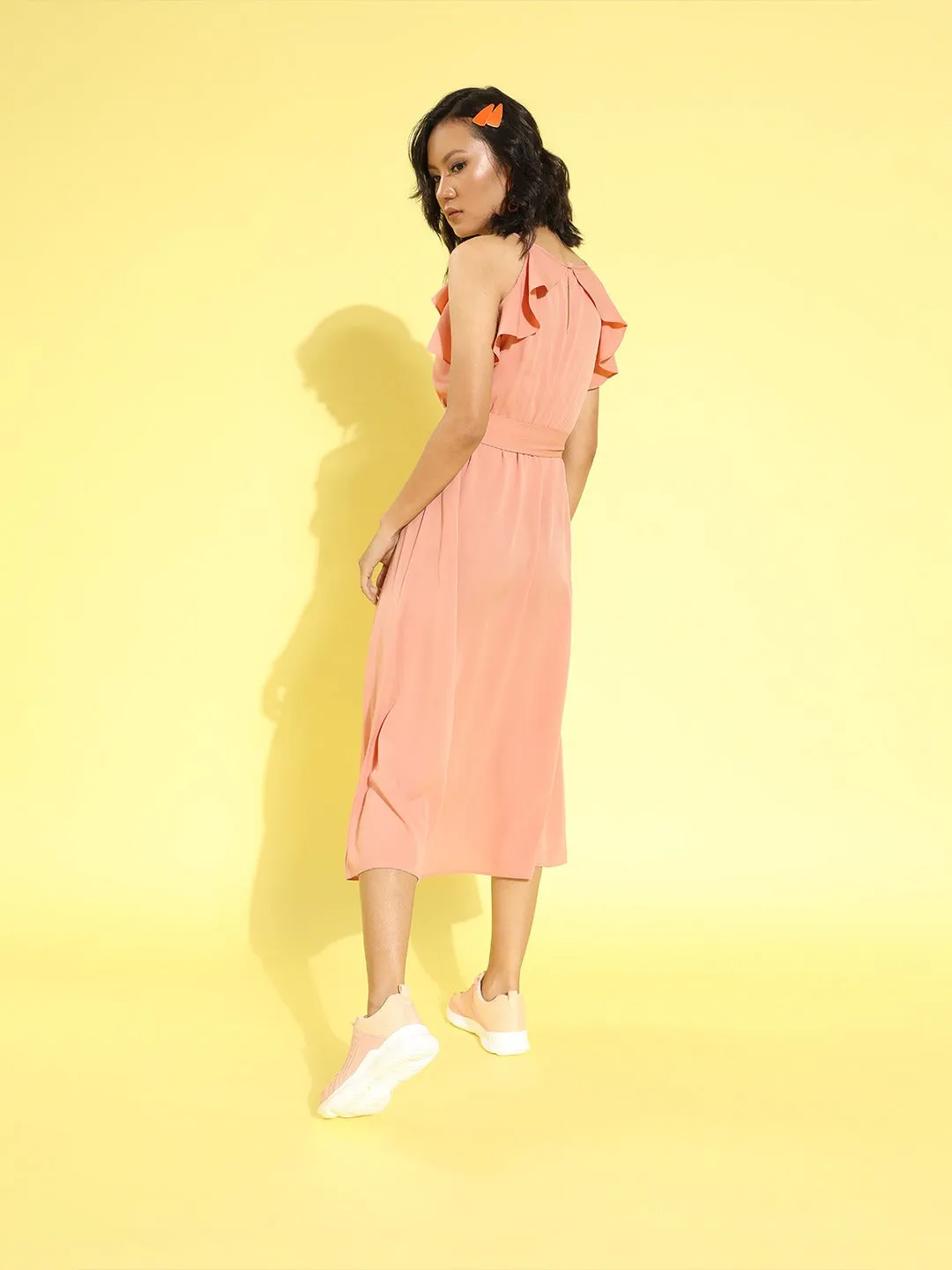 Berrylush Women Solid Pink Round Neck Waist Tie-Up Ruffled Fit & Flare Midi Dress