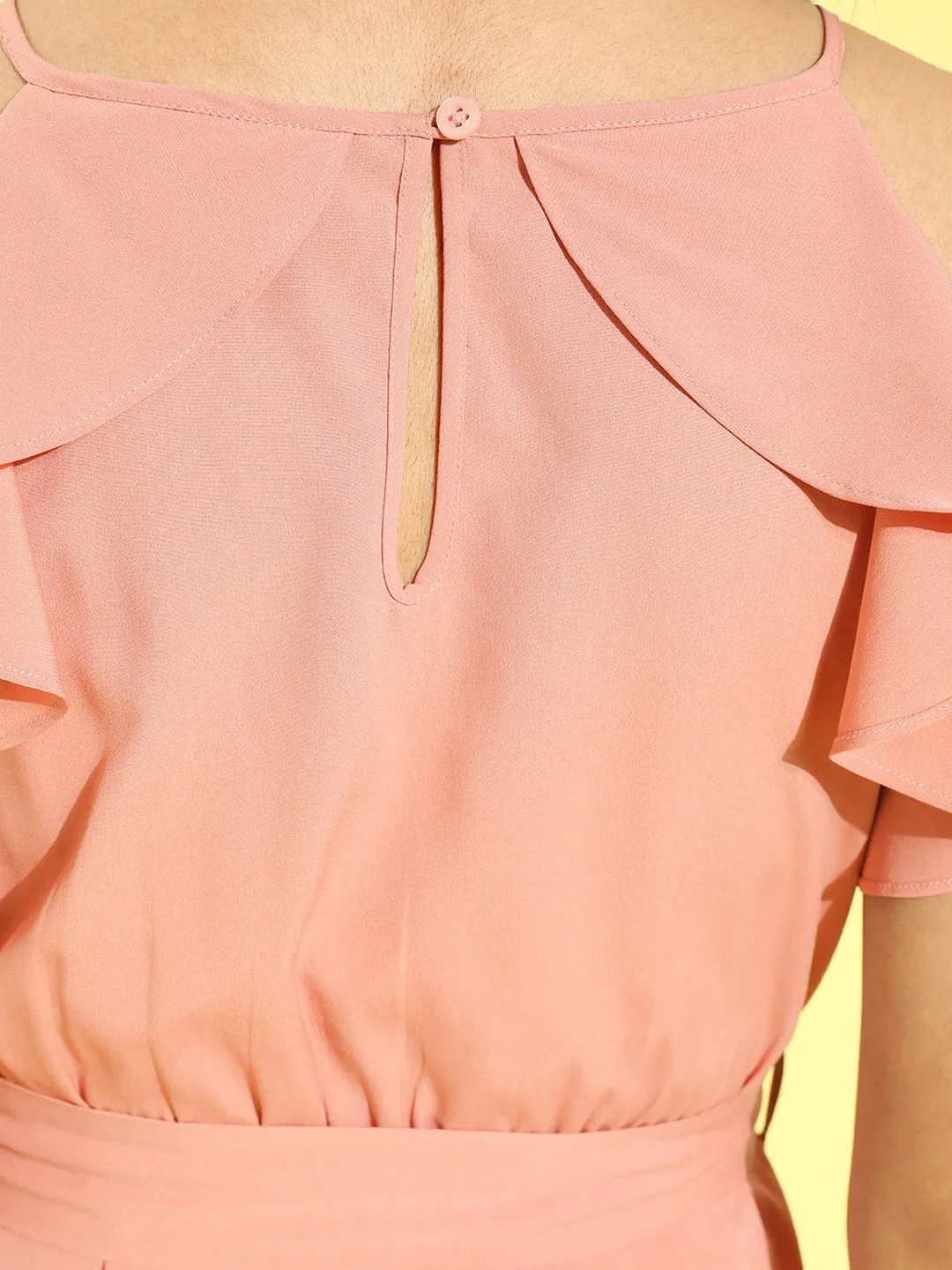 Berrylush Women Solid Pink Round Neck Waist Tie-Up Ruffled Fit & Flare Midi Dress