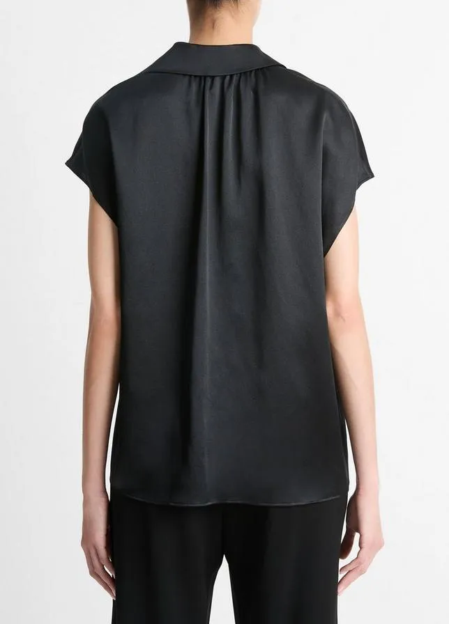 BLACK CAP SLEEVE RUCHED BACK BLOUSE